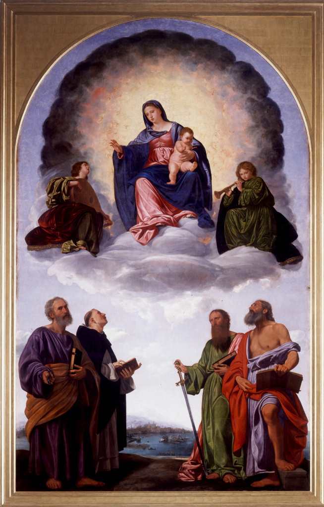 12-Madonna in gloria con il Bambino, due angeli musicanti e i Santi Pietro, Domenico, Paolo e Girolamo (Pala di Pesaro)-Pinacoteca Brera Milano