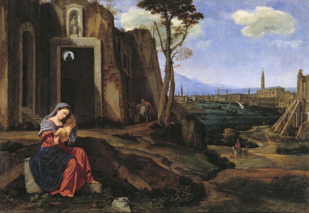 17-Riposo nella fuga in Egitto con la veduta di Riva degli Schiavoni a Venezia, c. 1527