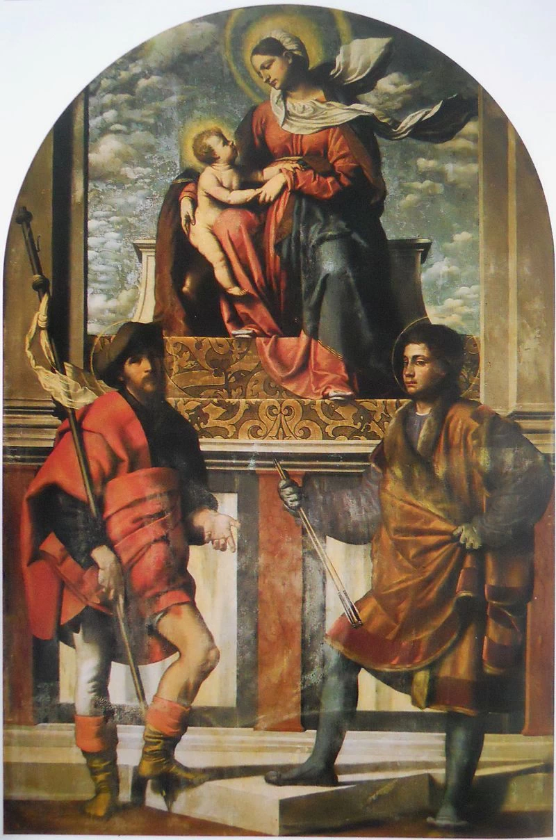 105 Alessandro Bonvicino Moretto Madonna col Bambino con i santi Rocco e Sebastiano Pralboino(BS)