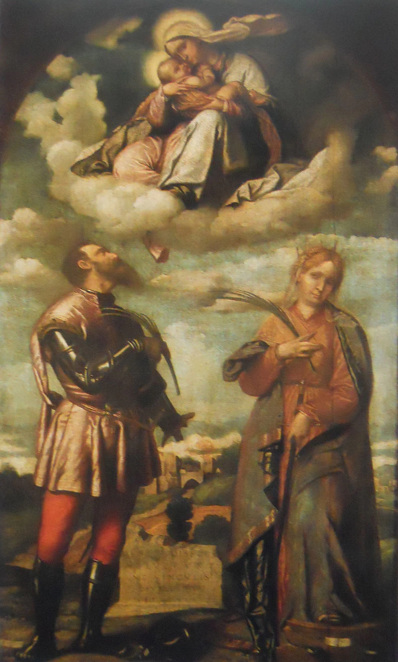 143 Alessandro Bonvicino Moretto Madonna col Bambino in gloria con i santi Ippolito e Caterina Londra