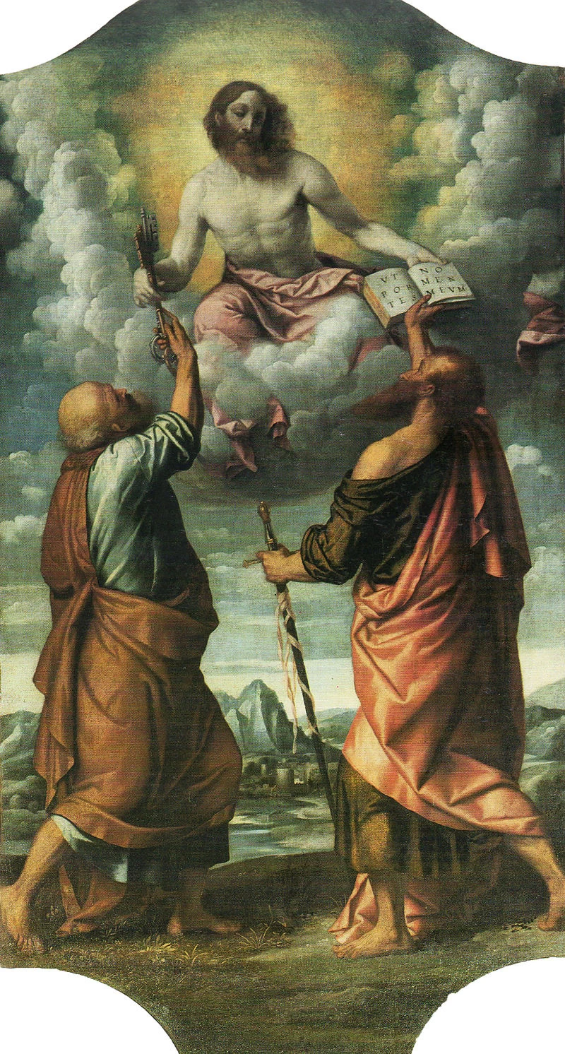161 Alessandro Bonvicino Gesù in gloria consegna le chiavi a Pietro e il libro della dottrina a Paolo Rodengo(BS)