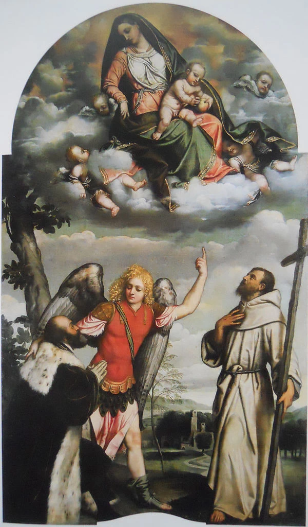 57 Bonvicini Alessandro Moretto Madonna col Bambino in gloria con san Francesco e san Michele Arcangelo che presenta un donatore