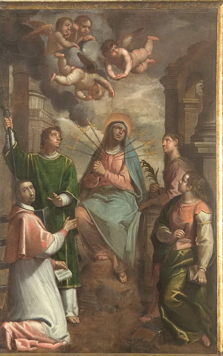  34-Gandino A. sec. XVII, Madonna dei sette dolori con santi Carlo Borromeo- Lorenzo -Caterina d'Alessandria e barbara-beweb 