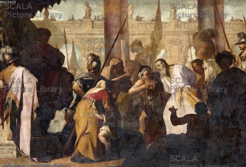 61-San Giacomo Maggiore tratto al giudizio davanti ad Erode Agrippa - olio su tela - Antonio Paglia - 1718 - Ospitaletto (Bs) chiesa parrocchiale di S. Giacomo Maggiore-archivio Scala 