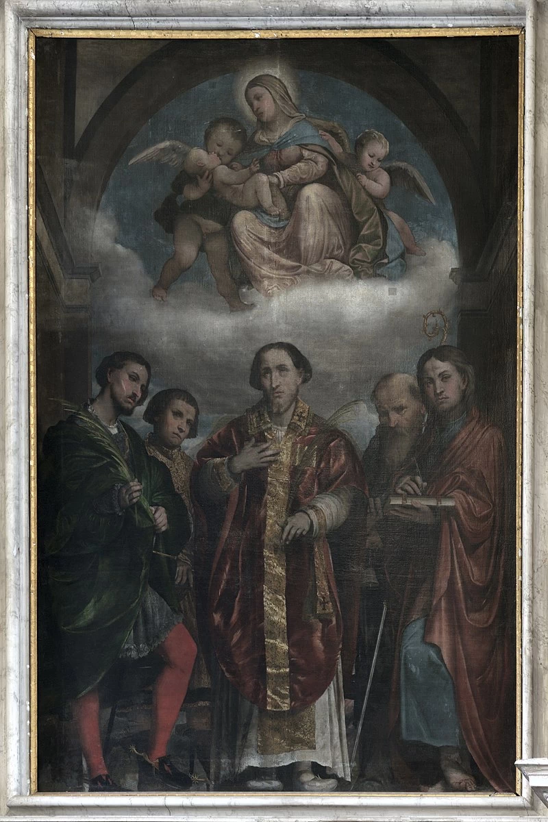 Il Romanino 204 Santi Felice, Adauto, Antonio Abate, Giovanni Evangelista e Gennaro ai piedi della Vergine Maria in gloria chiesa parrocchiale di San Felice del Benaco