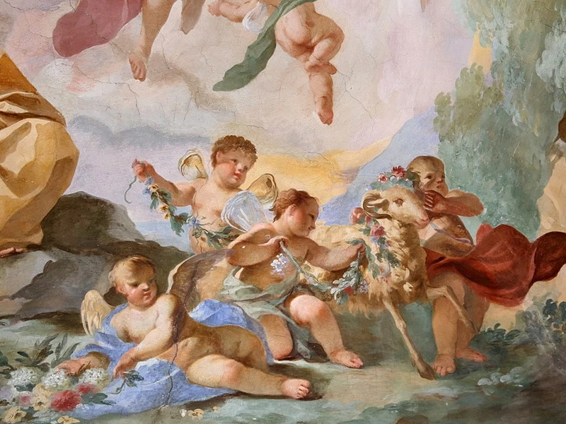 1679 Giuseppe Maria Carlo Pinzani Il ratto d'Europa, putti che mettono ghirlande di fiori a un ariete villa Puccini di Scornio dettaglio