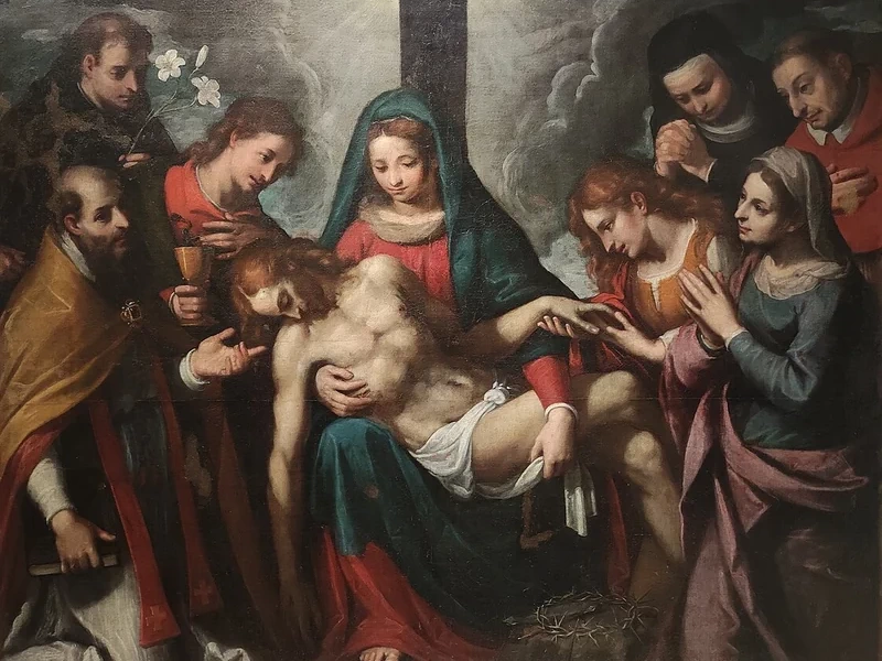 1584 Benedetto Marini Pietà e Santo Antonio da Padova, Vescovo, Giovanni Ev., Maria Maddalena, Chiara, Carlo Borromeo e altra santa