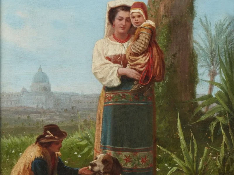 1826 Carlo Jotti Popolana Romana con bambini e cane, la cupola di San Pietro sullo sfondo