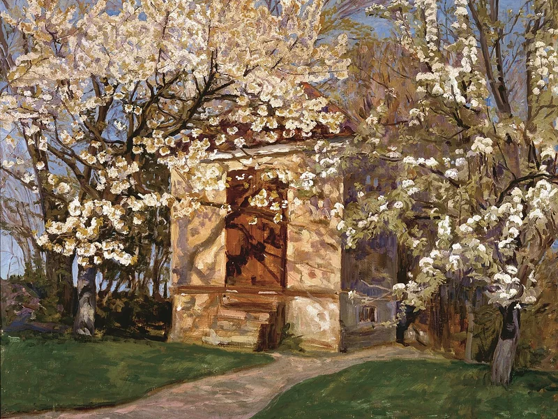 1872 Alhed Maria Larsen La casetta da giardino con i ciliegi in fiore