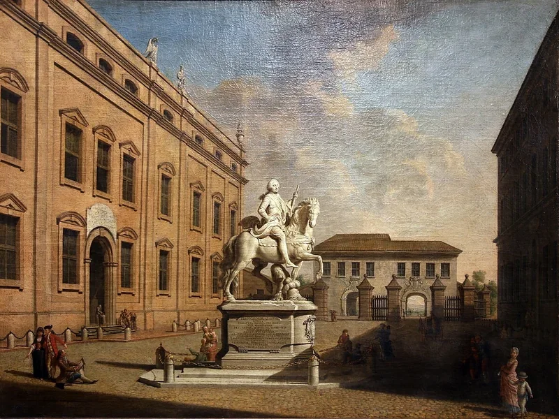 1747 Giuseppe Maria Soli piazza s. agostino a modena con il mon. equestre del duca Francesco III d'Este, 1780 ca. Pinacoteca castello Sforzesco, Milano