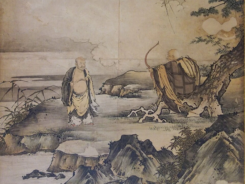 1476 Kano Motonobu Sanping che scopre il petto e Shigong che tende l'arco Museo nazionale di Tokyo attribuito