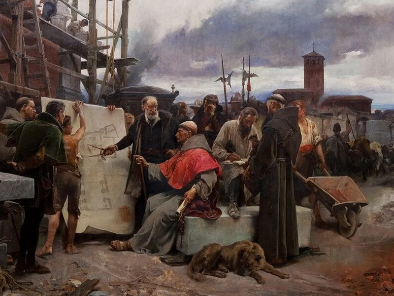 1843 Alejandro Ferrant y Fischermans Cisneros (seduto) visita la costruzione dell'Ospedale della Carità. Santuario della Carità di Illescas (Toledo)