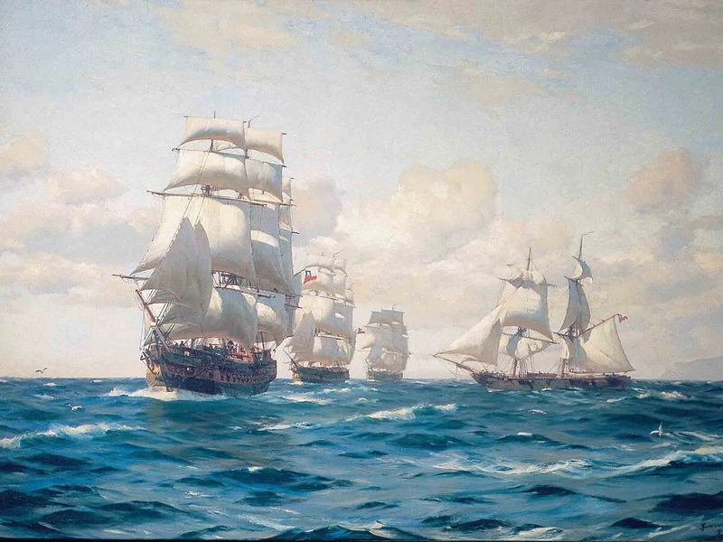 1842 Thomas Jacques Somerscales la nave San Martin, la fregata Lautaro, la corvetta Chacabuco e il piccolo brigantino Araucan