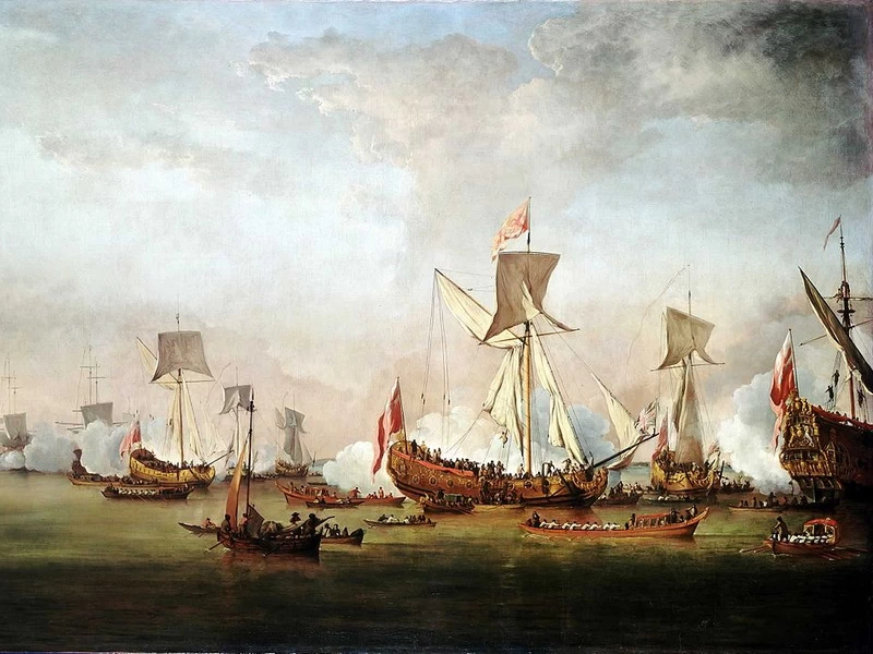 1633 Willem van de Velde il Giovane La partenza di Guglielmo d'Orange e della principessa Maria per l'Olanda National Maritime Museum, Greenwich
