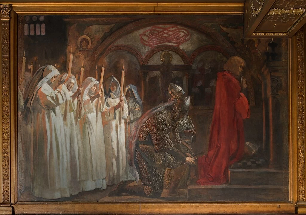 Edwin Austin Abbey 43 La ricerca e il raggiungimento del Santo Graal Il giuramento di cavalleria