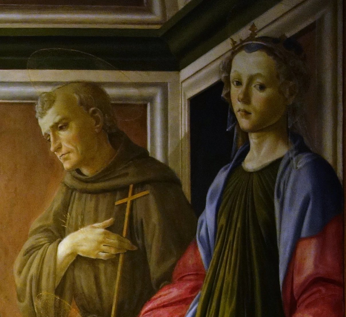 225 Botticelli Madonna col Bambino in trono e i Santi Giovanni Battista, Maria Maddalena, Francesco, Caterina d’Alessandria, Cosma e Damiano Uffizi dettaglio