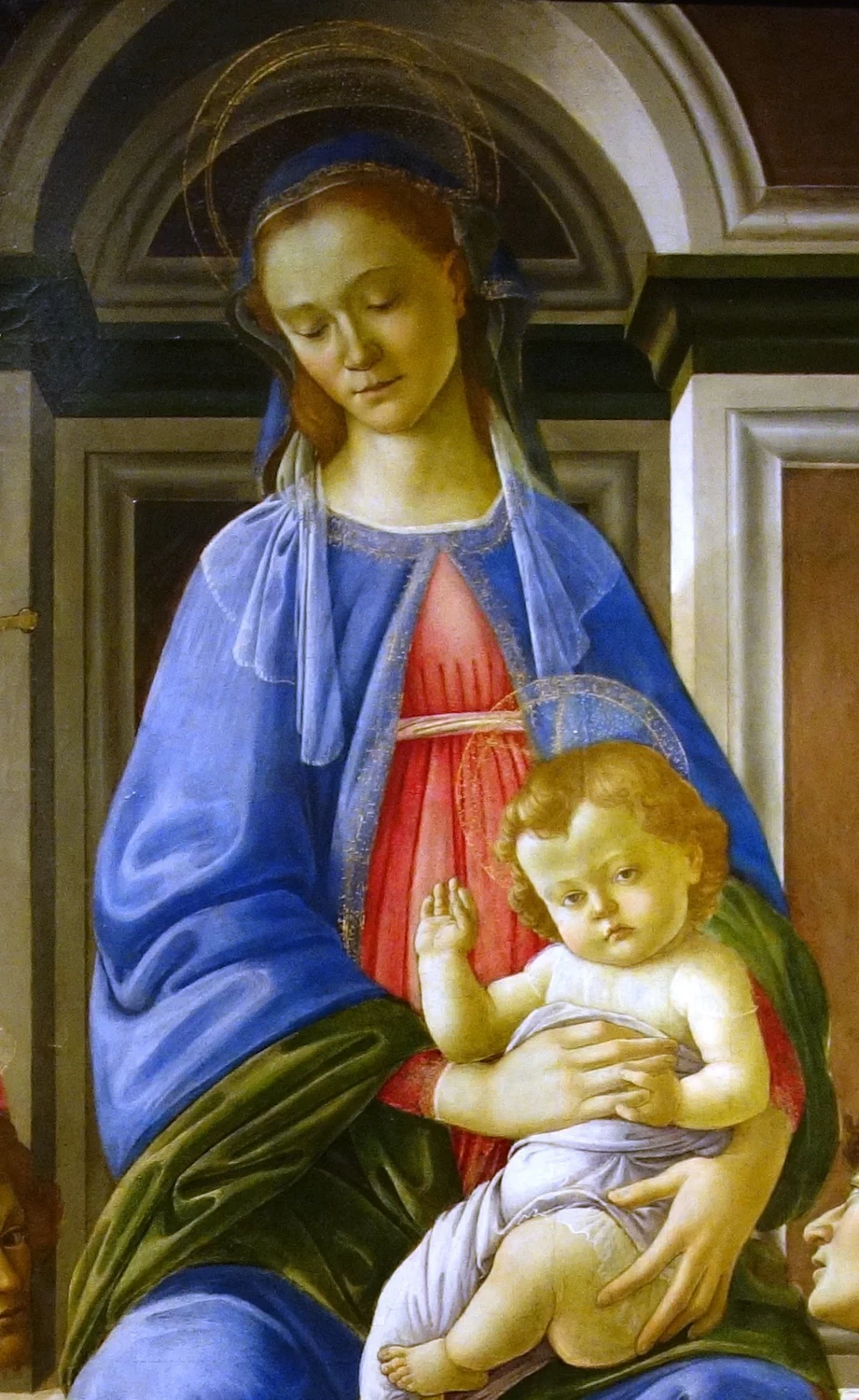 Botticelli 279 Madonna col Bambino in trono e i Santi Giovanni Battista, Maria Maddalena, Francesco, Caterina d’Alessandria, Cosma e Damiano Uffizi dettaglio