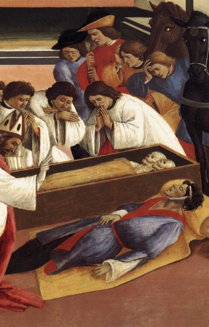 Botticelli 288 Tre miracoli di San Zenobiu Metropolitan Museum of Art, New York dettaglio 1