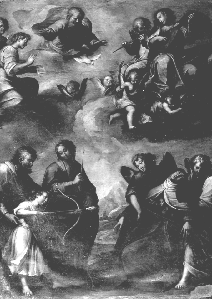 Guglielmo Caccia 101 Santa Teresa d'Avila ha la visione di Gesù Bambino che le trafigge il cuore con una freccia ardente, Dio Padre, Spirito Santo, San Giuseppe e Madonna Torino