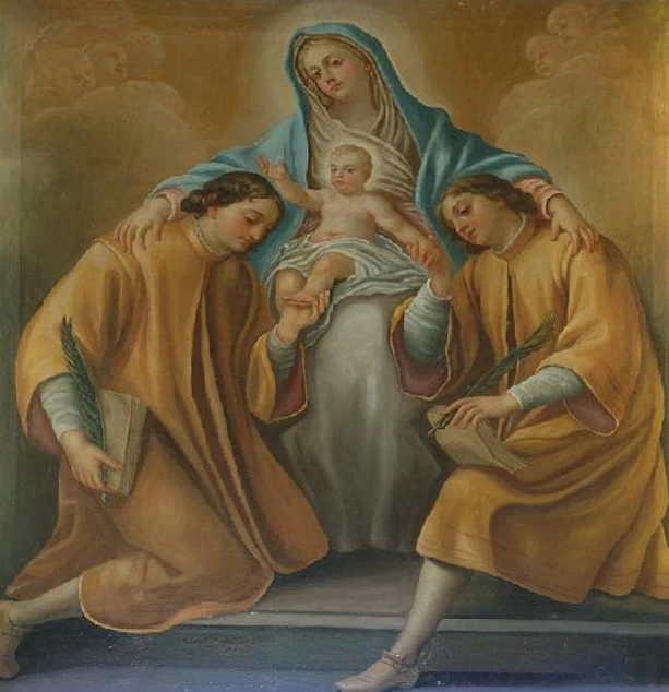 Dipinto con Madonna con Bambino e Santi Cosma e Damiano