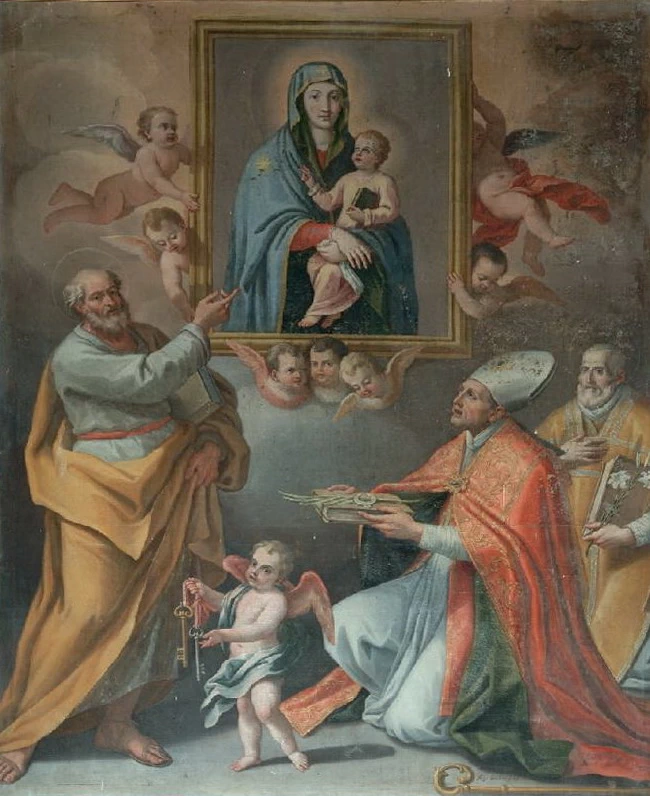 Dipinto con la Madonna tra santi Biagio, Pietro, Gaetano e cherubini