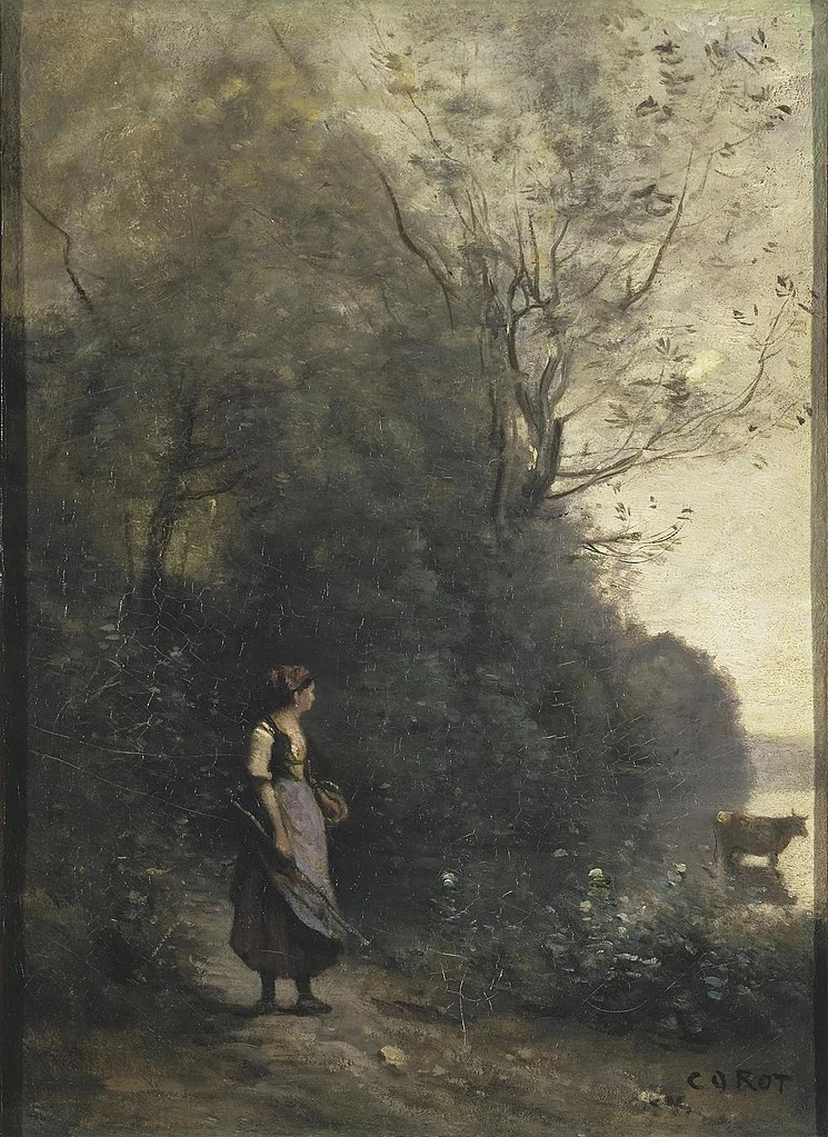 Jean Baptiste Camille Corot 23 Contadina che pasce una mucca in una foresta Hermitage, San Pietroburgo