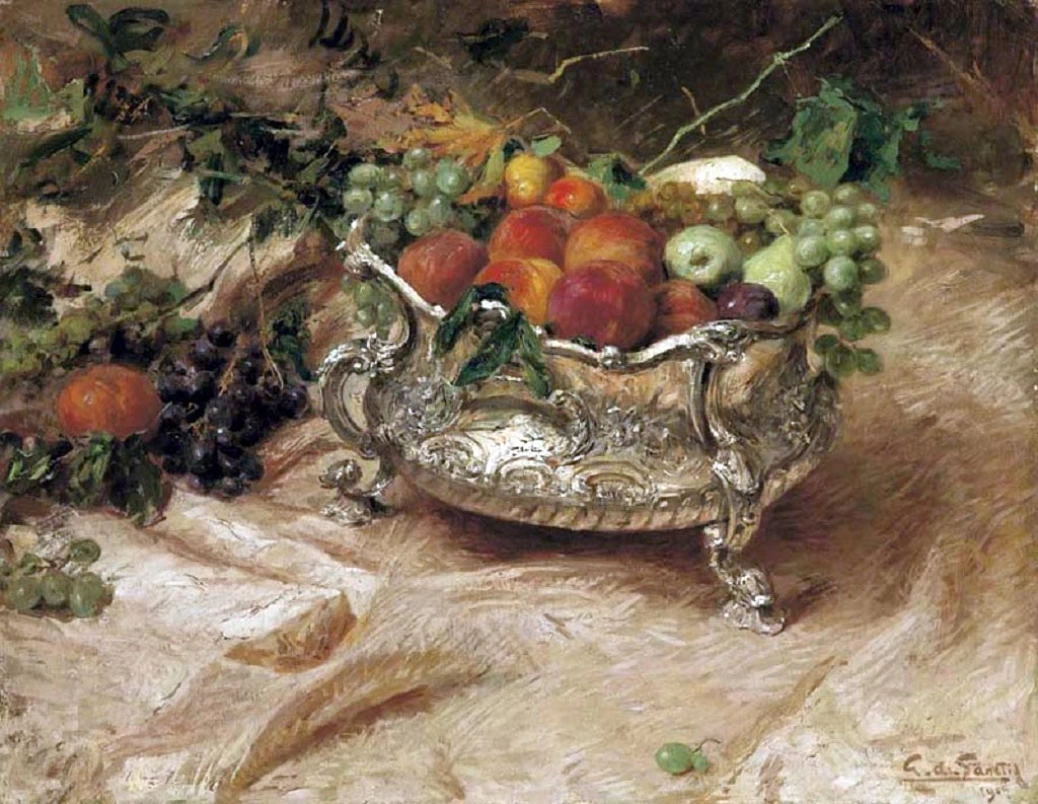 Giuseppe De Sanctis Natura morta con cestino d'argento