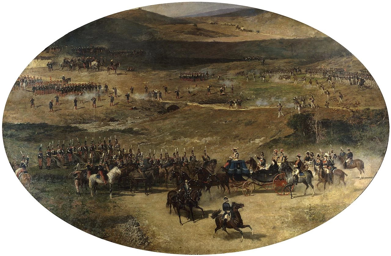 Marià Fortuny i Marsal 64 La regina María Cristina e sua figlia Isabella II esaminano le batterie di artiglieria che difendevano Madrid nel 1837 Museo del Prado, Madrid