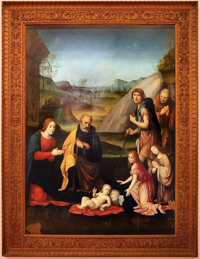 Adorazione del bambino con la sacra famiglia, due pastori e due angeli, 1510 - 14 ca., dall'oratorio del gesù a bologna