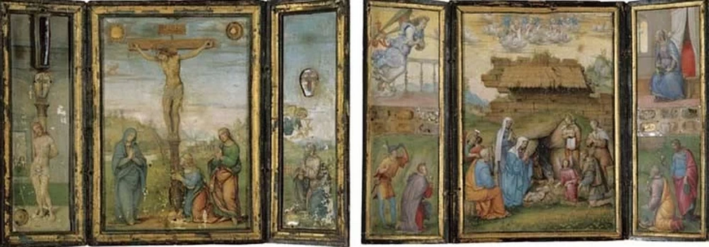 L'Adorazione dei pastori con l'Annunciazione sulle ali e la Crocifissione con scene
