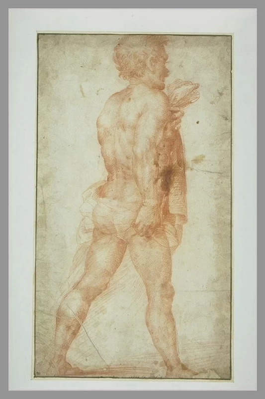 Uomo nudo, in piedi, che cammina verso destra