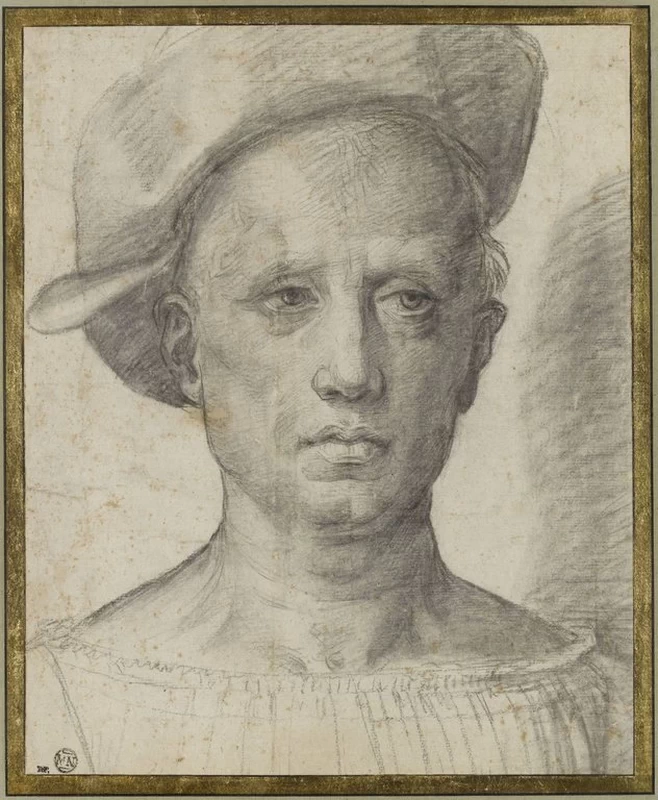 Testa di uomo, di fronte, con berretto