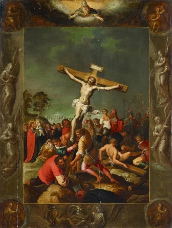 Hieronymus Francken II 63 Innalzamento della croce, con raffigurazioni ai margini del Santo Padre, dei quattro evangelisti e dell'Arma Christi