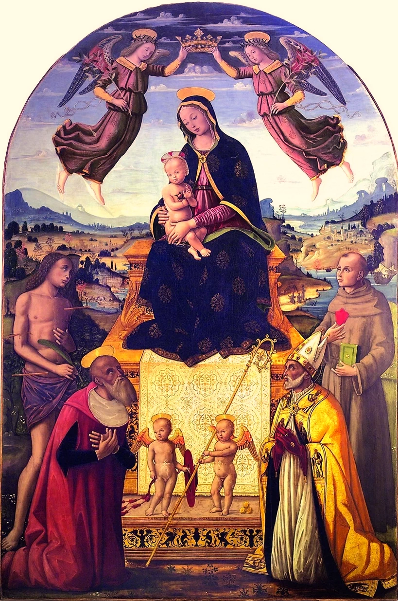 Bernardino Fungai 49 Madonna con Bambino in trono con San Girolamo, San Nicola, San Sebastiano, Sant'Antonio da Padova e angeli reggicorona Pinacoteca Nazionale di Siena
