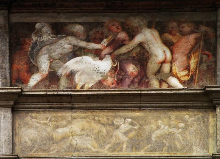 Case del Gambero (fronte su corso Palestro) affreschi di Lattanzio Gambara
