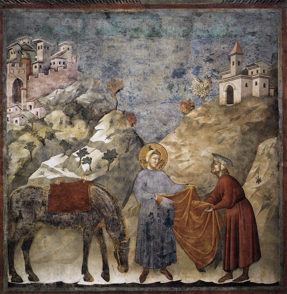Leggenda di san Francesco - San Francesco che dà il suo mantello a un uomo povero, Chiesa di San Francesco, Assisi