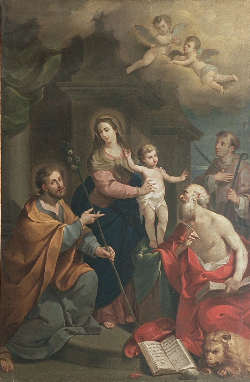 A. M. sec. XVIII, Sacra Famiglia con San Girolamo e San Lorenzo
