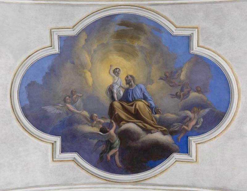 320 Gloria di San Giuseppe 1886 affresco chiesa di San Giacomo Maggiore Santicolo di Corteno Golgi (BS)