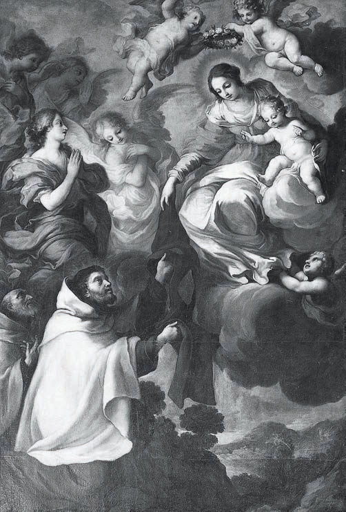 MONTE COMPATRI, CHIESA DEL CONVENTO DI SAN SILVESTRO - LA MADONNA CONSEGNA LO SCAPOLARE A SAN SIMONE STOCK