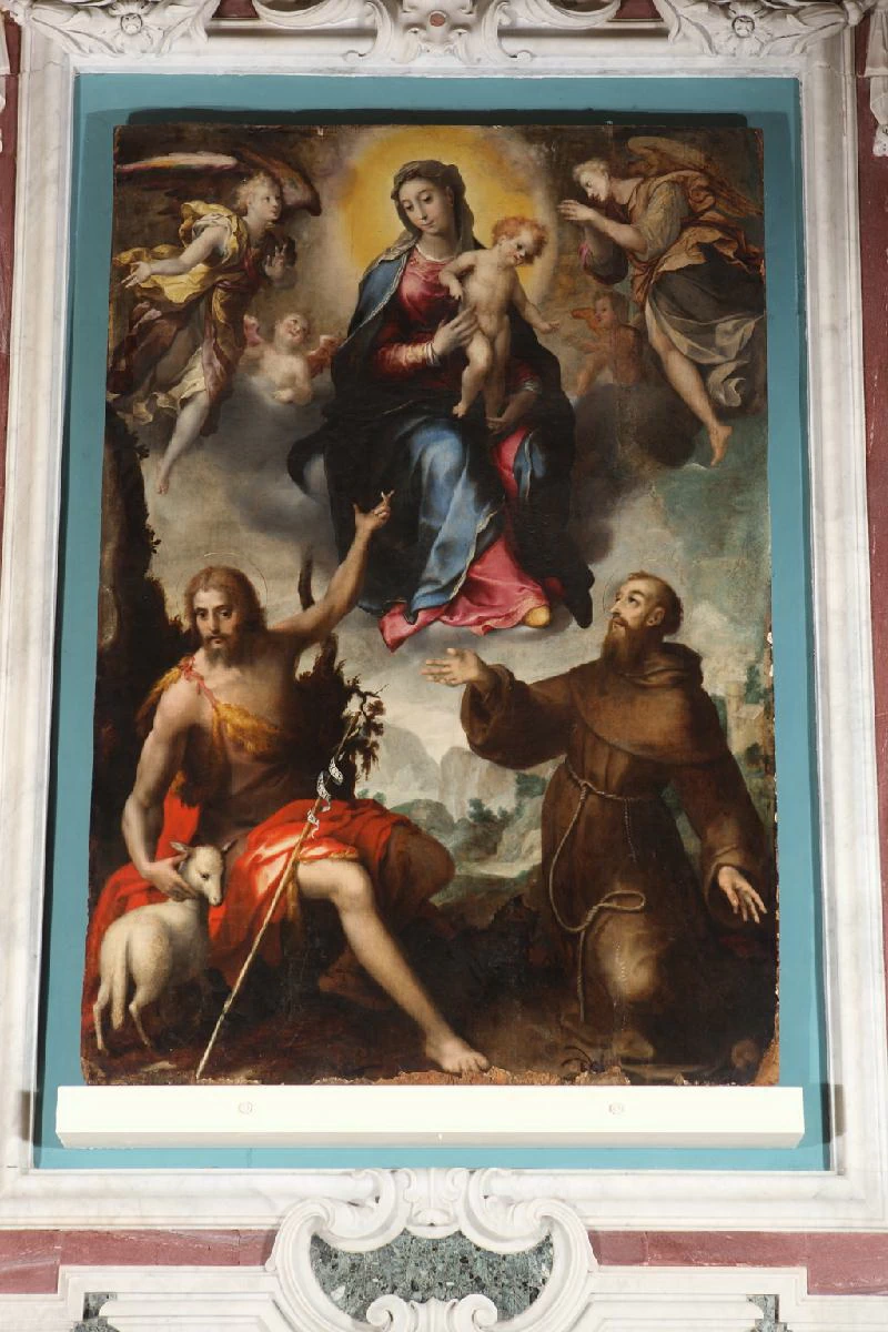 Teodoro di Enrico fine - inizio sec. XVI, Madonna con Gesù Bambino e santi Battista e Francesco