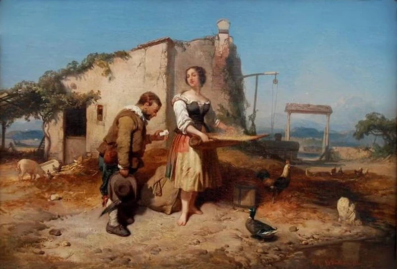 Eugène Lepoittevin 40 Sancio consegna il messaggio di Don Chisciotte a Dulcinea, 1847
