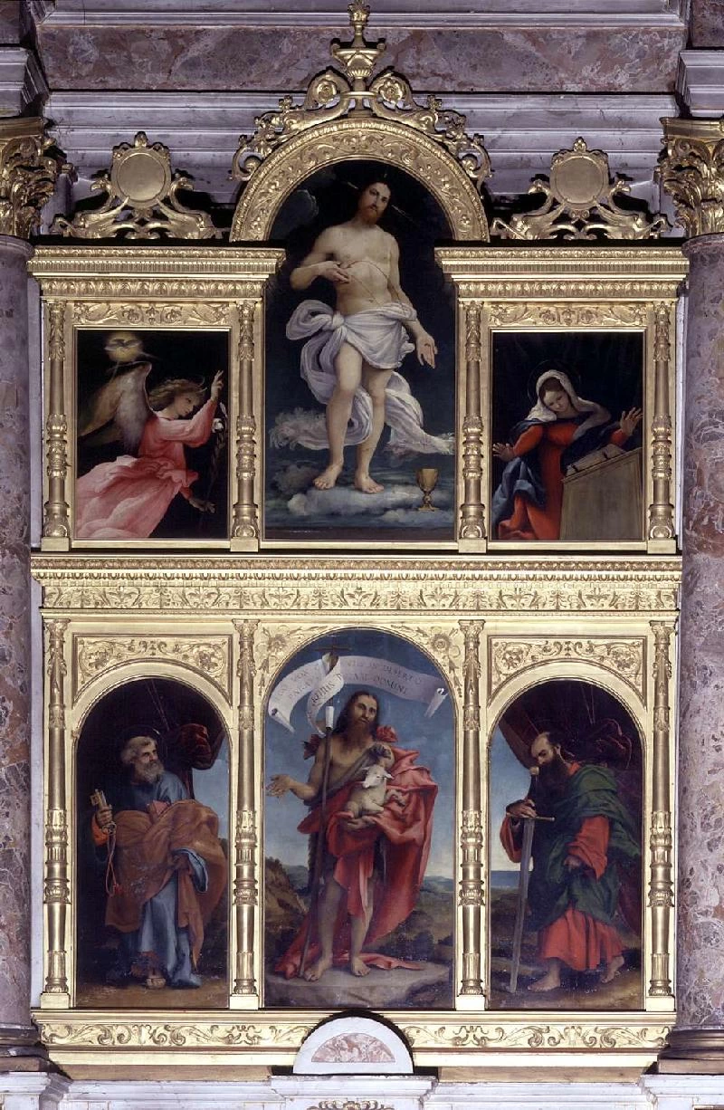 Polittico di Ponteranica - Redentore; Maria riceve l'annuncio dell'Angelo (Annunciazione); San Pietro apostolo; San Paolo apostolo; San Giovanni Battista, 1522