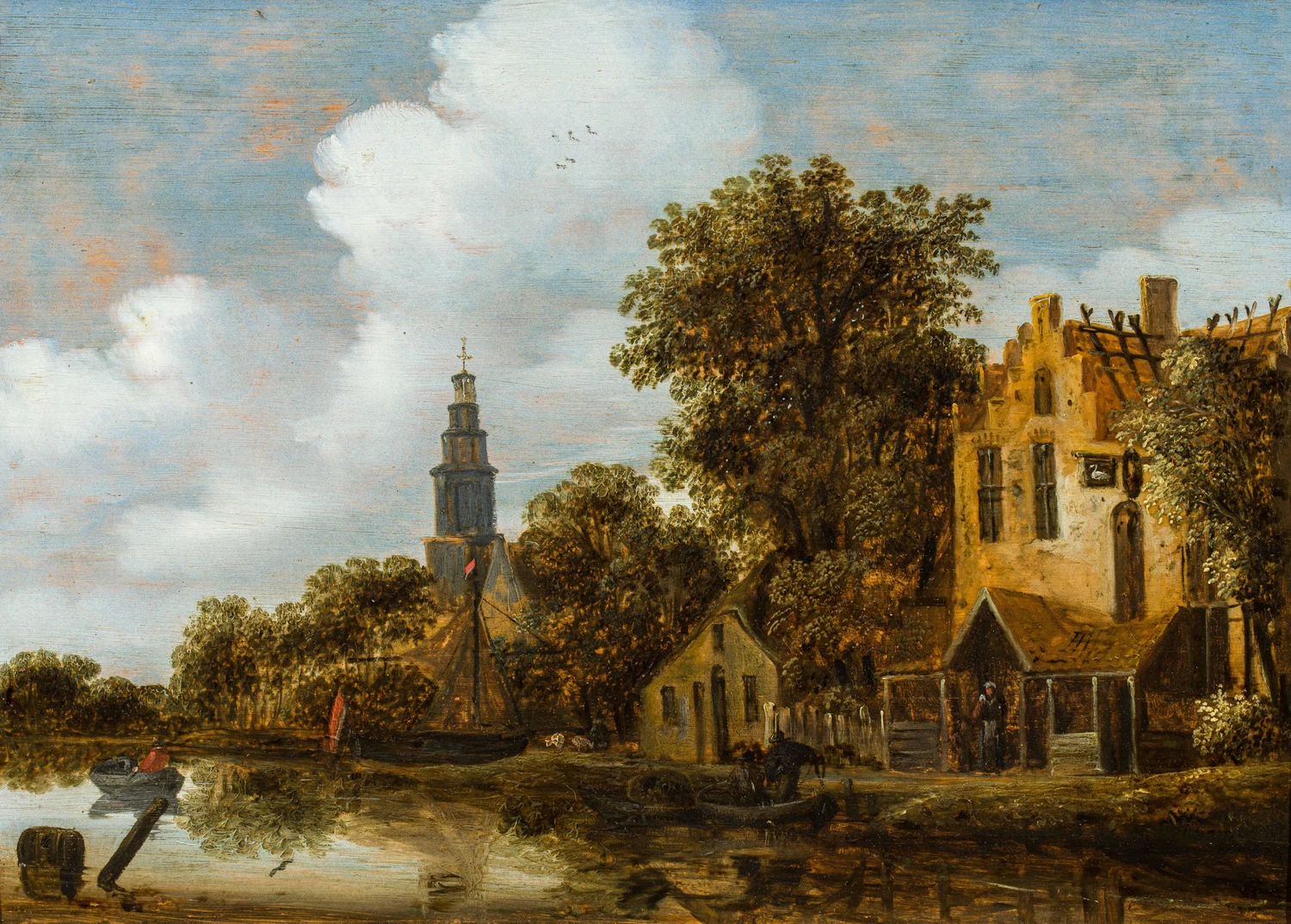 Paesaggio con case e chiesa in riva al fiume - attribuito