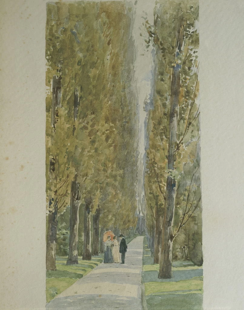 Leopoldo Metlicovitz 73 Giuseppe Verdi conversa con amici lungo il viale della sua villa di Sant'Agata Biblioteca Nazionale Braidense, Milano