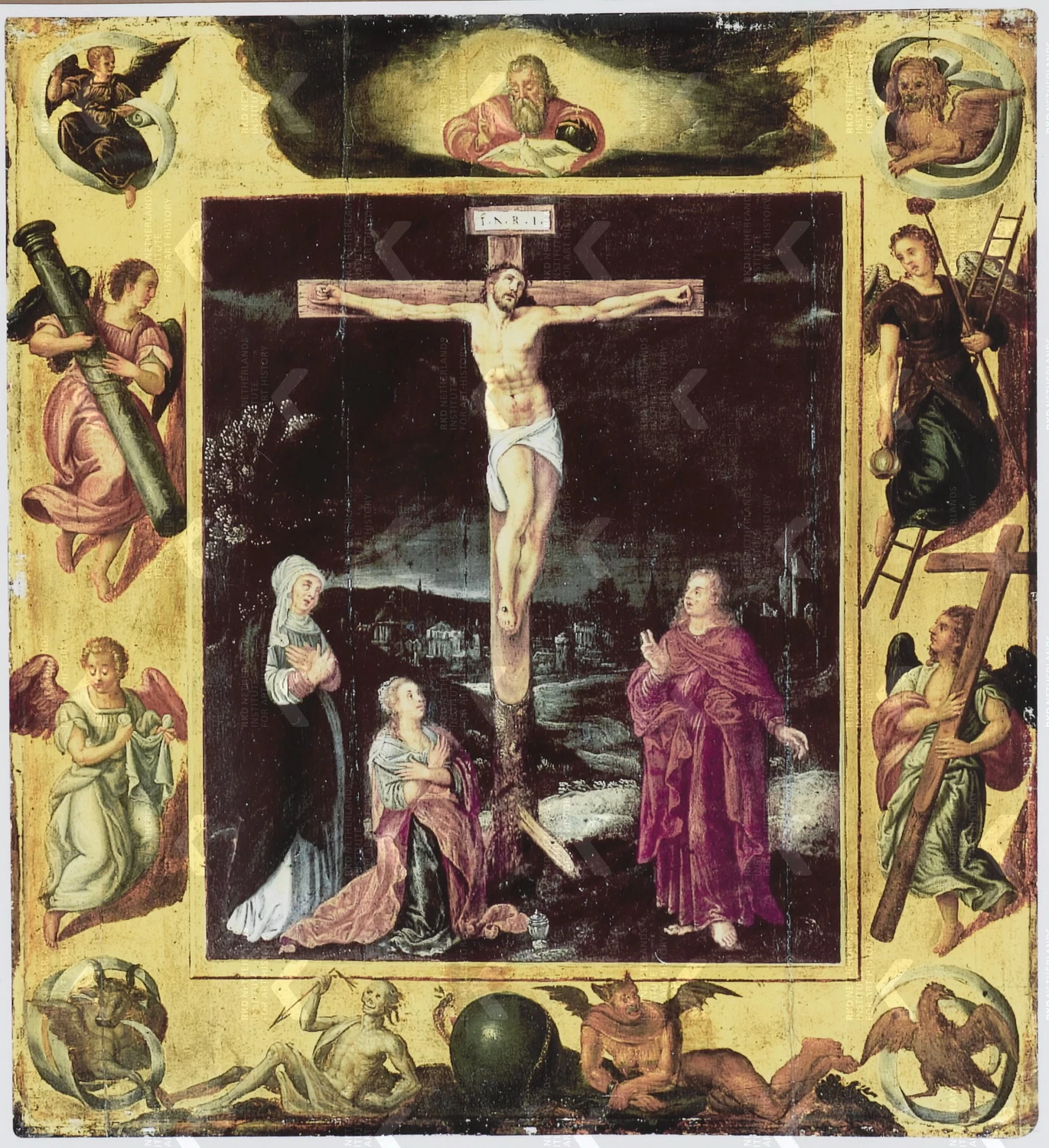 TAV - gillis, mostaert, the, elder, the, crucifixion, within, a, border, bearing, the, symbols, of, the, four, evangelists, and, angels, 68x67
