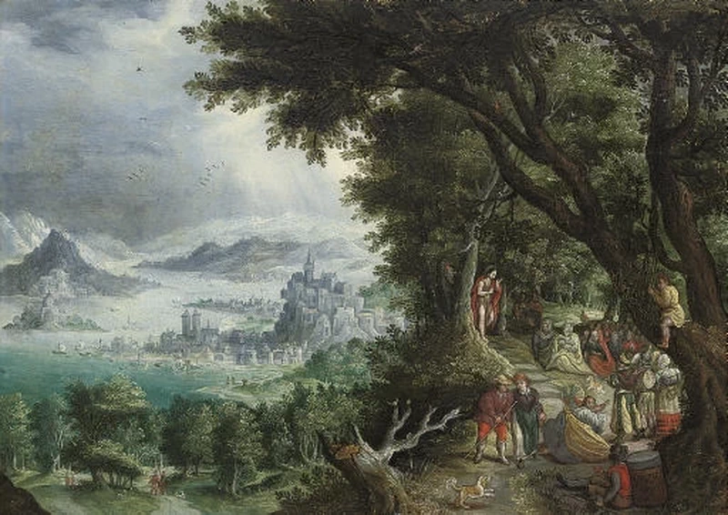 Gillis Mostaert 150 Un vasto paesaggio montuoso con la Predicazione di San Giovanni Battista