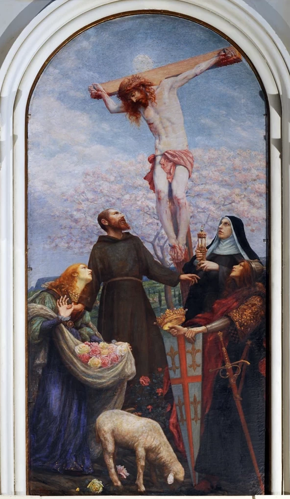 Augusto Mussini 15 Cristo crocifisso con San Francesco d'Assisi, Santa Chiara, San Luigi dei Francesi e Santa Elisabetta d'Ungheria Ancona
