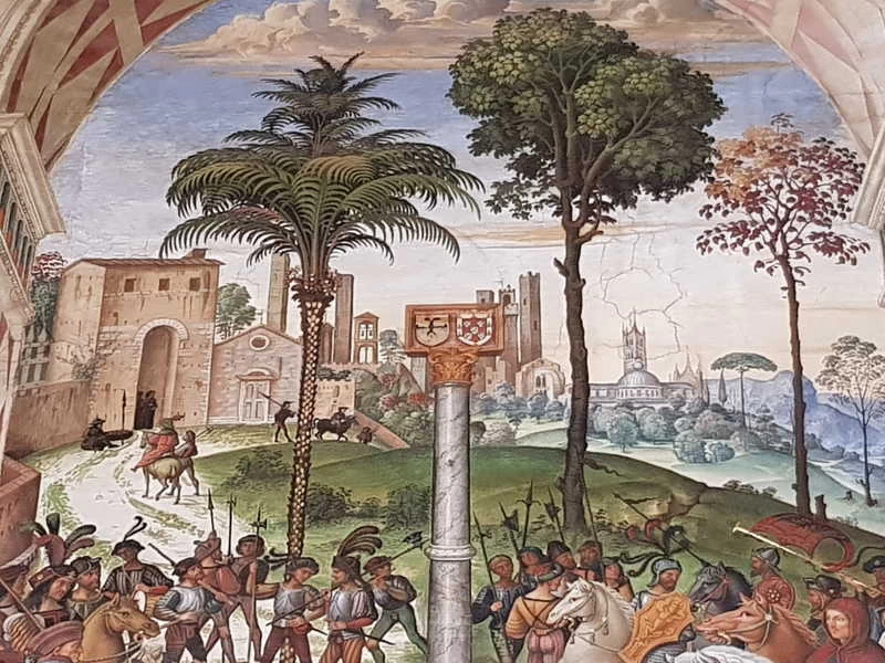 L’incontro di Eleonora del Portogallo e dell’imperatore Federico III - dettaglio del paesaggio di Siena, Libreria Piccolomini nella cattedrale di Siena
