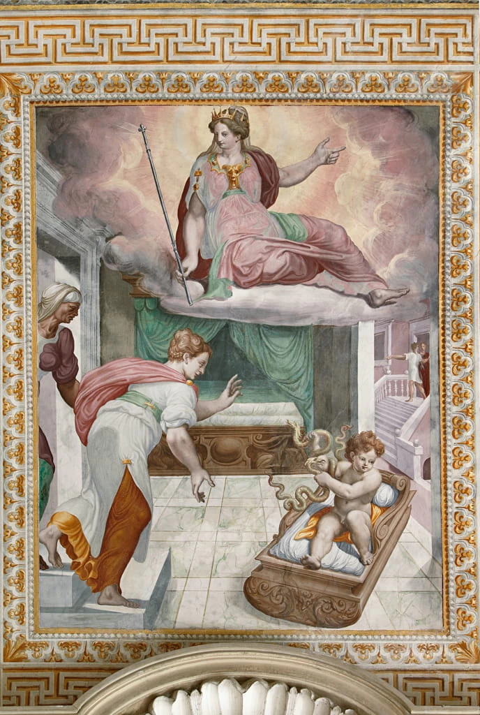 Orazio Samacchini 23 Ercole appena nato che combatte i serpenti inviati da Era, sotto lo sguardo della madre Alcmena, particolare delle Storie di Ercole Rocca Sanvitale, Parma