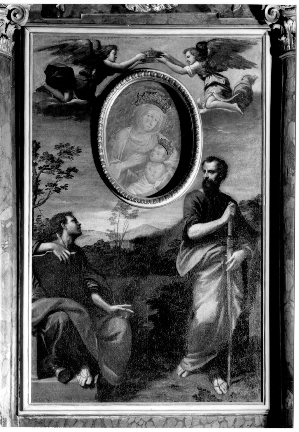 San Giovanni Evangelista, San Paolo, due angeli, Madonna con Bambino - Ferrara